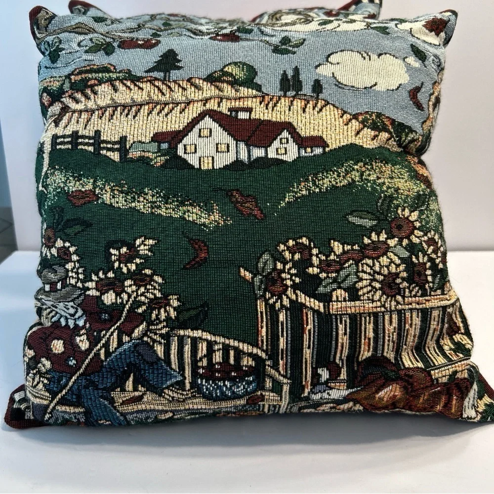 Set Of 2 Fall Autumn Thanksgiving Tapestry Throw Accent Pillows Scarecrow Apple